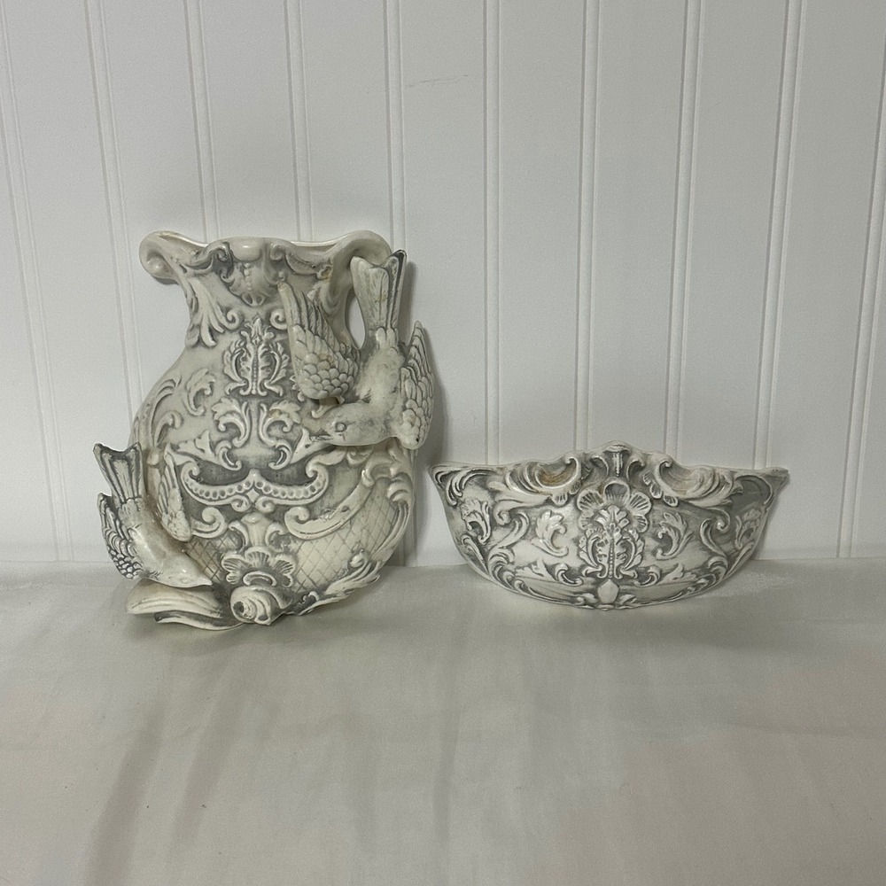 Vintage 2 Piece Ardco Ceramic Wall Pockets, 3D Birds & Florals, Gray & White